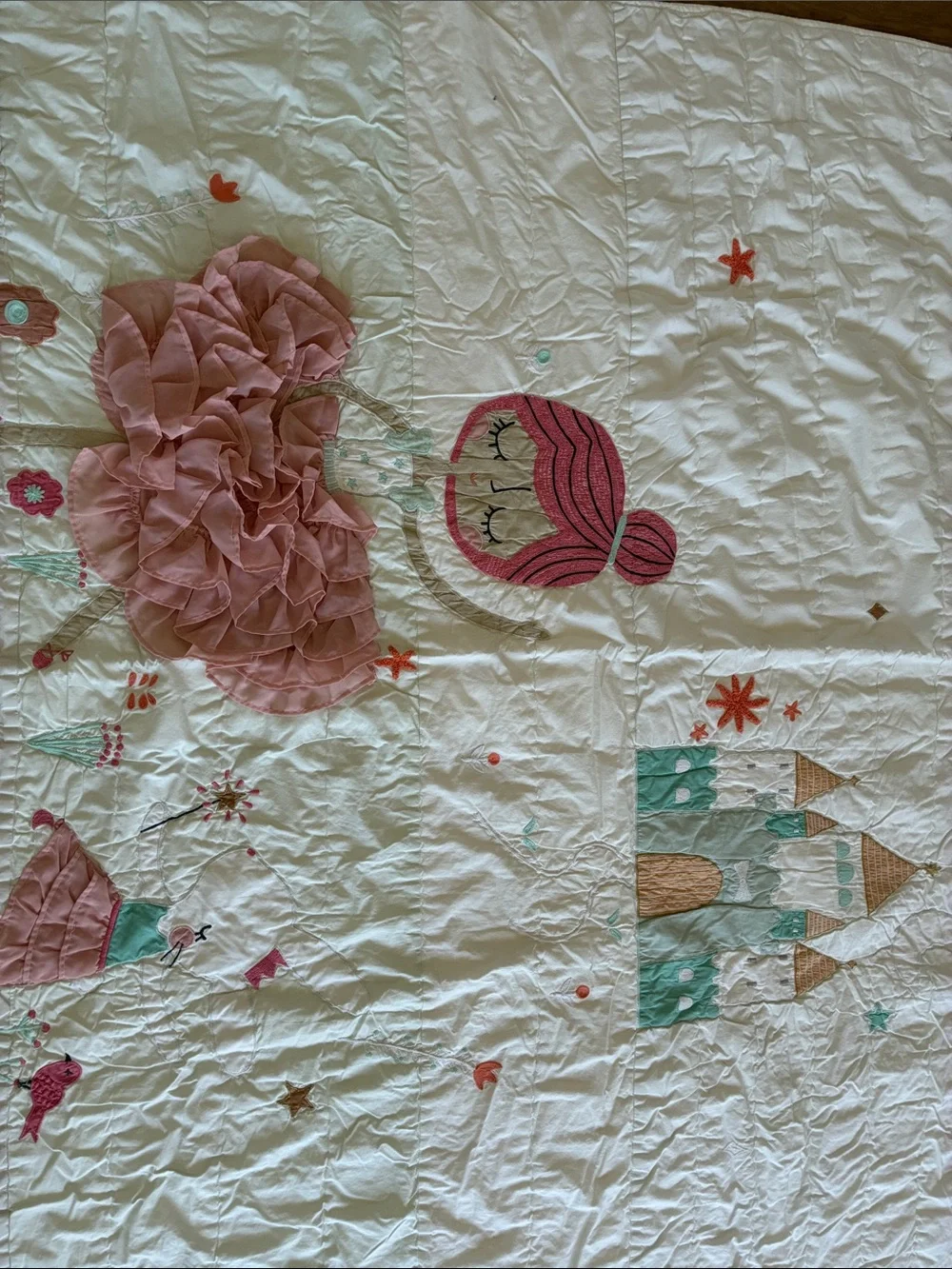 Crate&Barrel White Quilt with Pink and Teal Princess Appliqué